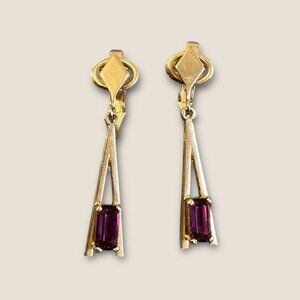 Avon Vintage Gold-Tone Dangle Earrings With Purple Gemstone Accents & Clip-On Ba
